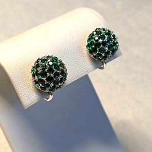 Vintage Green Rhinestone Small Round Button Style Clip Earrings
